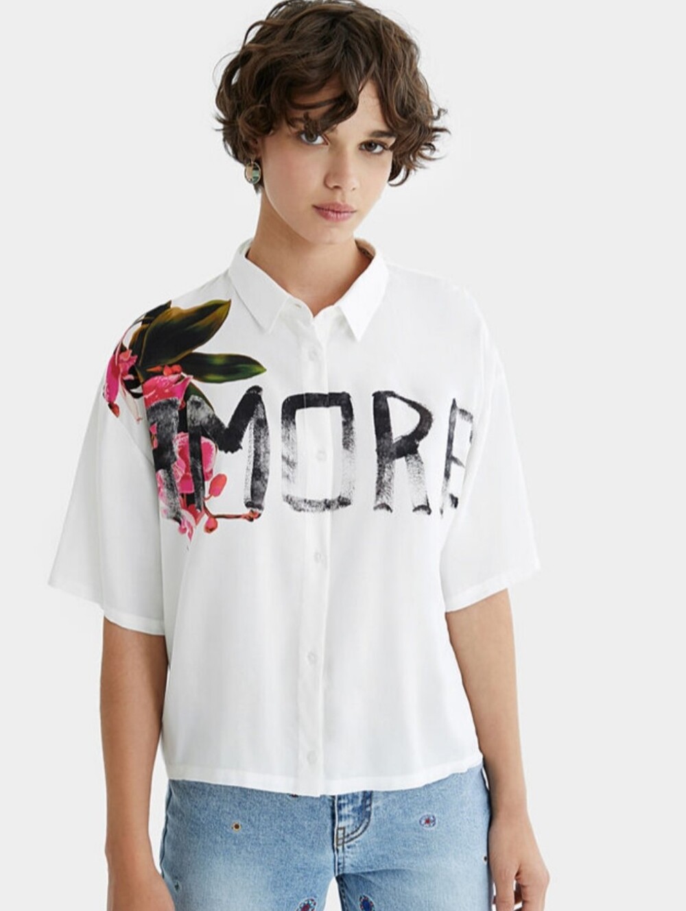 Desigual Amore Graffiti Shirt Short Sleeve Button Down Blouse Floral White SM